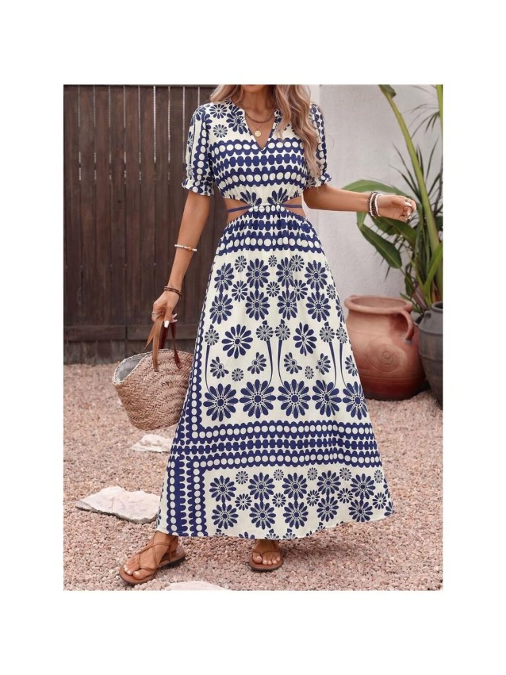Floral Print Cutout Waist Maxi Dress